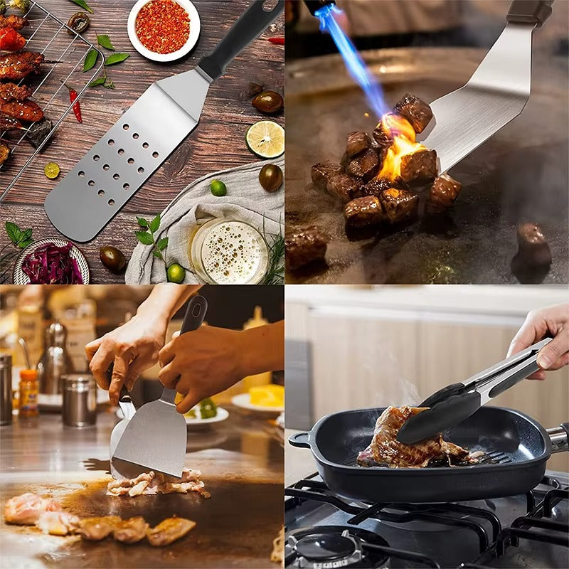 10-delars Grill set i Rostfritt Stål – Professionella BBQ-verktyg med Såsflaskor