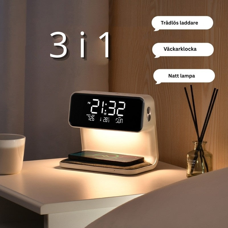 3-i-1 sängbordslampa med LCD-skärm, väckarklocka och trådlös mobilladdare