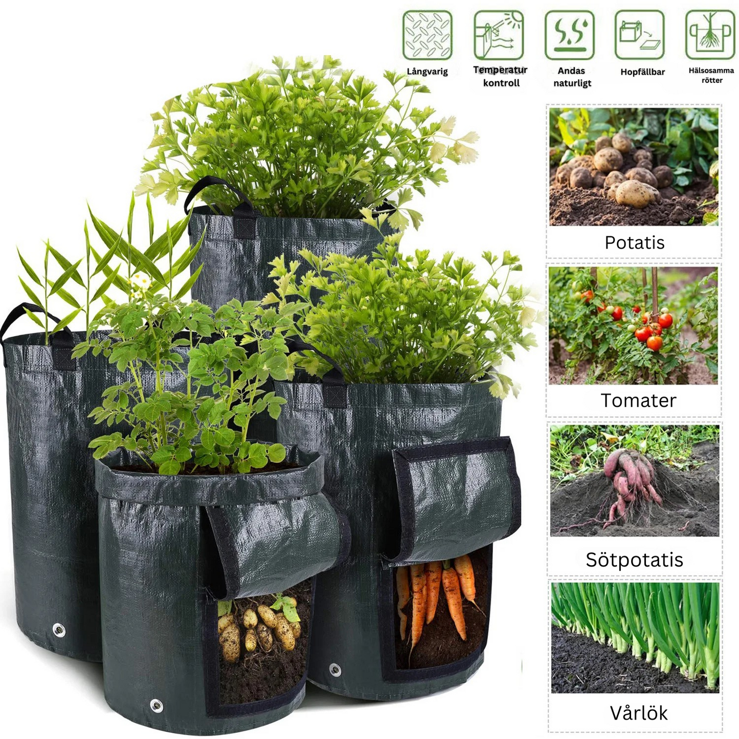 Odlingspåsar för Grönsaker – Andningsbara Grow Bags med Skördefönster