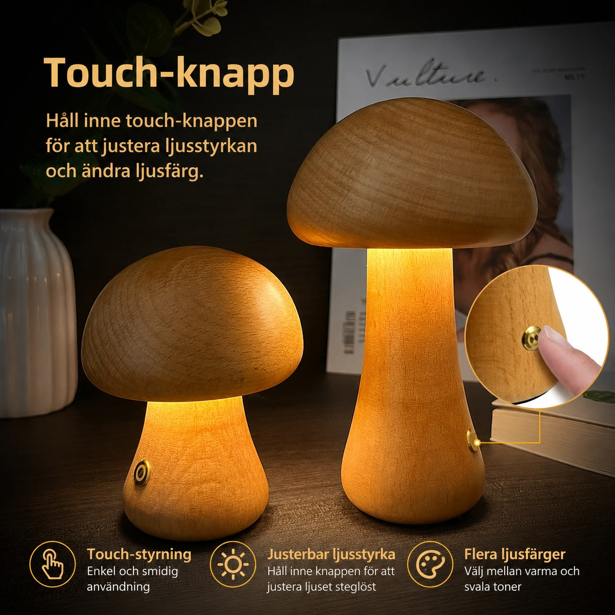 Träsvampslampa LED – Touchstyrd Nattlampa i Nordisk Design